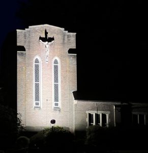 Floodlit at night!